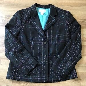 MARSHALL Fields Blazer Jacket Size 12 Wool Tweed Pockets Black Blue Classic